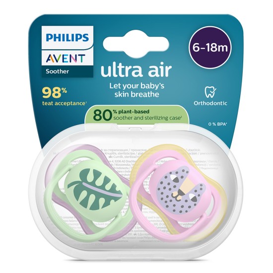 Philips AVENT Залъгалки Ultra Air 6-18 м. листо/коте, момиче, 2 бр. със стерилизаторна кутия plant based