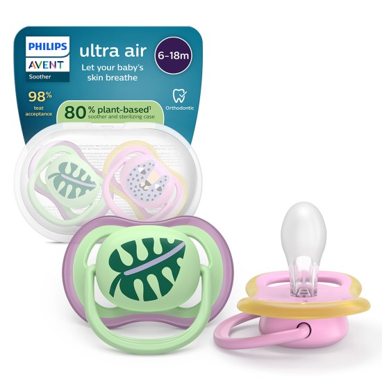Philips AVENT Залъгалки Ultra Air 6-18 м. листо/коте, момиче, 2 бр. със стерилизаторна кутия plant based