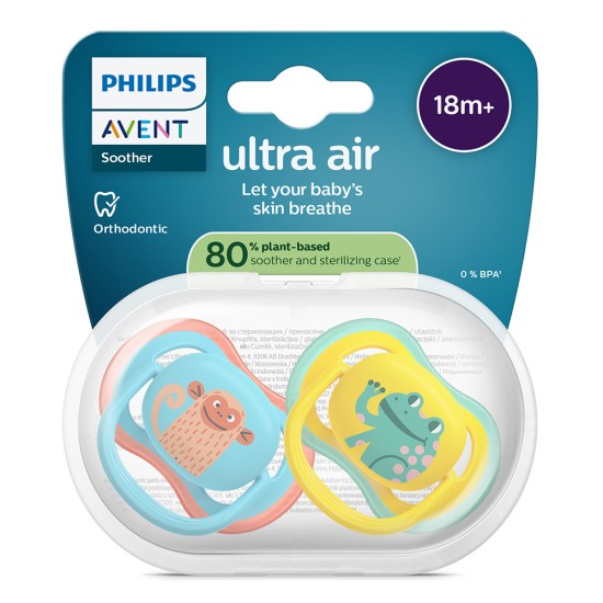 Philips AVENT Залъгалки Ultra Air 18м+ маймунка/жаба, синьо/жълто, за момче 2 бр. със стерилизаторна кутия plant based