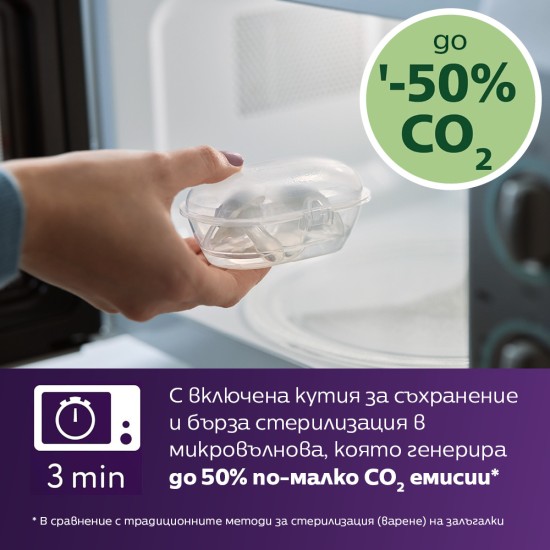 Залъгалки Ultra Soft Philips AVENT + стерилизаторна кутия птица/катерица 6-18м неутрални цветове, plant based, 2бр/оп