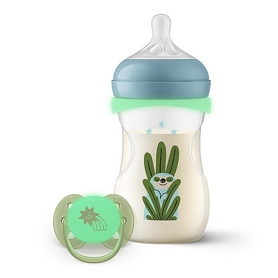 Подаръчен Нощен комплект шише Natural Response 260 мл flow 3 + залъгалка 0-6 м Philips AVENT - светещи в тъмното