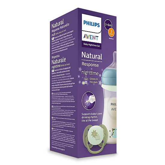 Подаръчен Нощен комплект шише Natural Response 260 мл flow 3 + залъгалка 0-6 м Philips AVENT - светещи в тъмното