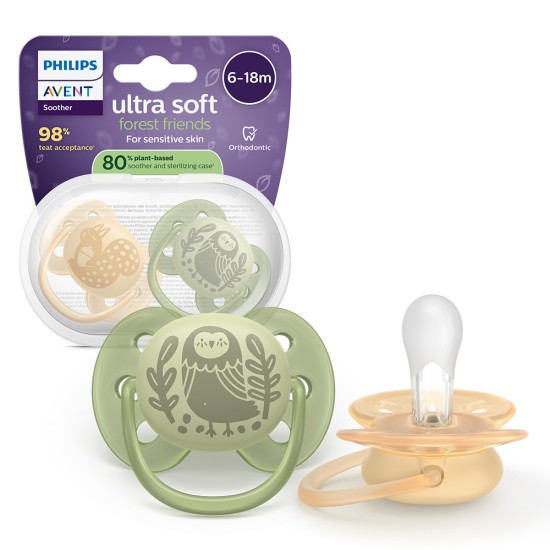 Залъгалки Ultra Soft Philips AVENT + стерилизаторна кутия птица/катерица 6-18м неутрални цветове, plant based, 2бр/оп
