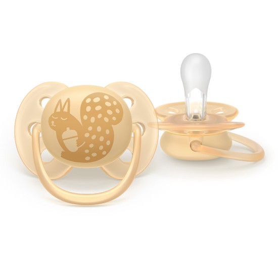 Залъгалки Ultra Soft Philips AVENT + стерилизаторна кутия птица/катерица 6-18м неутрални цветове, plant based, 2бр/оп