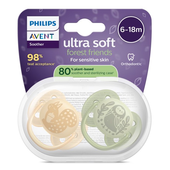 Залъгалки Ultra Soft Philips AVENT + стерилизаторна кутия птица/катерица 6-18м неутрални цветове, plant based, 2бр/оп