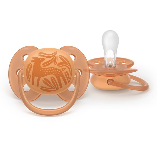 Залъгалки Ultra Soft Philips Avent + стерилизаторна кутия 18м+, с декорация сърна/гъска, plant based, 2бр/оп