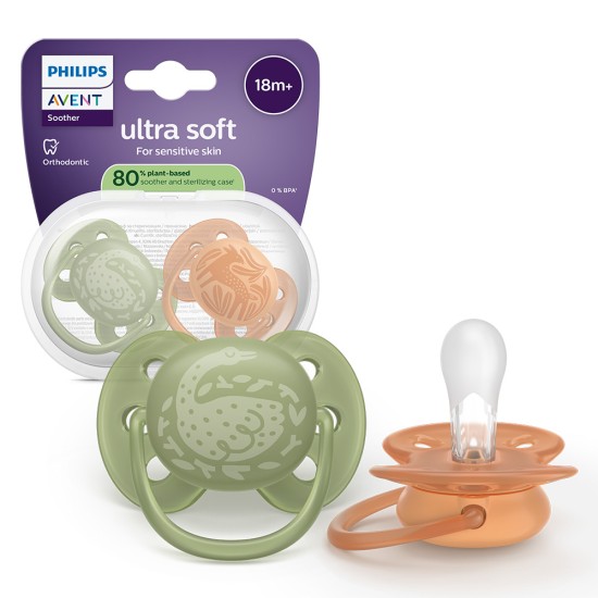 Залъгалки Ultra Soft Philips Avent + стерилизаторна кутия 18м+, с декорация сърна/гъска, plant based, 2бр/оп