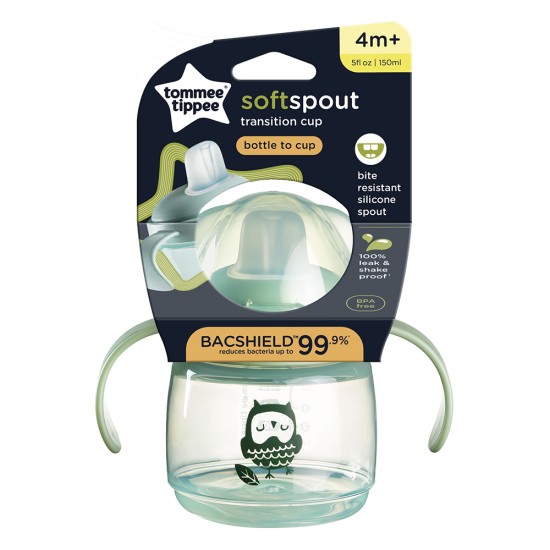  Неразливаща се чаша с мек накрайник SOFT SPOUT Tommee Tippee, 150мл, зелена с декорация бухал
