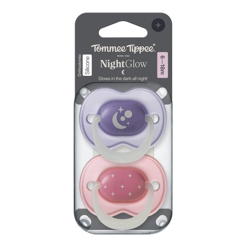 Залъгалки Tommee Tippee - Night Glow 6-18м лилави/розови 2 бр