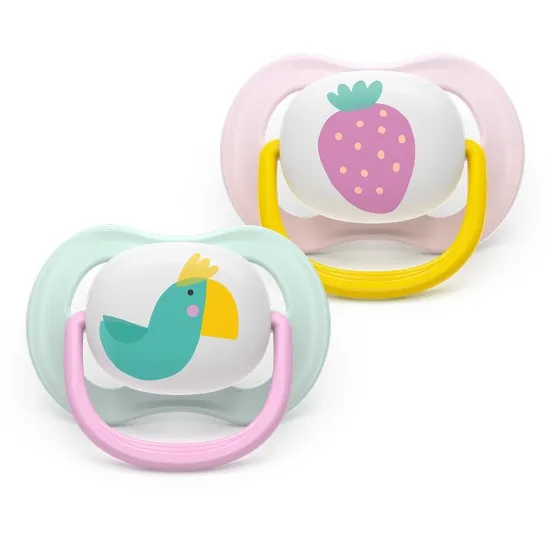 Philips AVENT Залъгалки Ultra Air Happy 0-6м. папагал/ягода, момиче 2 бр. със стерилизаторна кутия