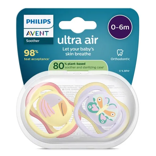Philips AVENT Залъгалки Ultra Air  0-6м пеперуда/птица, розови, 2 бр. със стерилизаторна кутия 