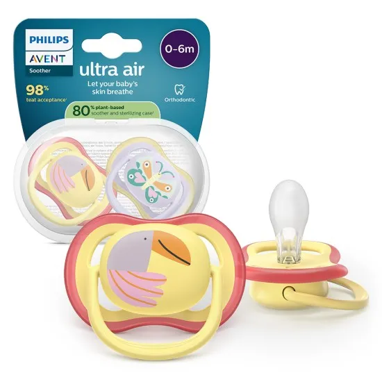 Philips AVENT Залъгалки Ultra Air  0-6м пеперуда/птица, розови, 2 бр. със стерилизаторна кутия 