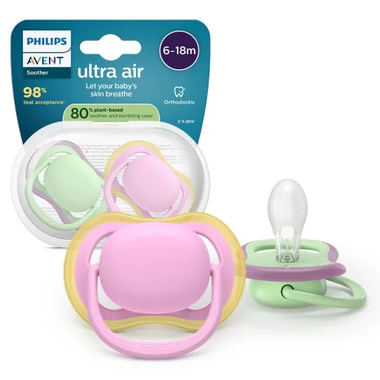 Philips AVENT Залъгалки Ultra Air пастелни 6-18м пастелно зелено/розово, за момиче 2 бр, със стерилизаторна кутия