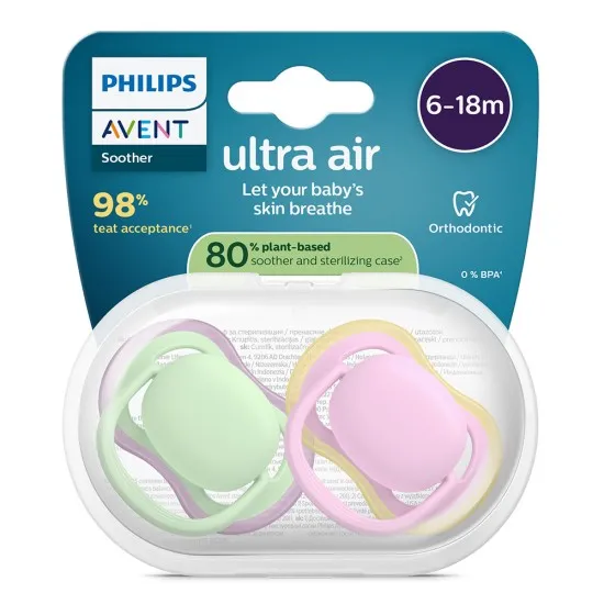 Philips AVENT Залъгалки Ultra Air пастелни 6-18м пастелно зелено/розово, за момиче 2 бр, със стерилизаторна кутия