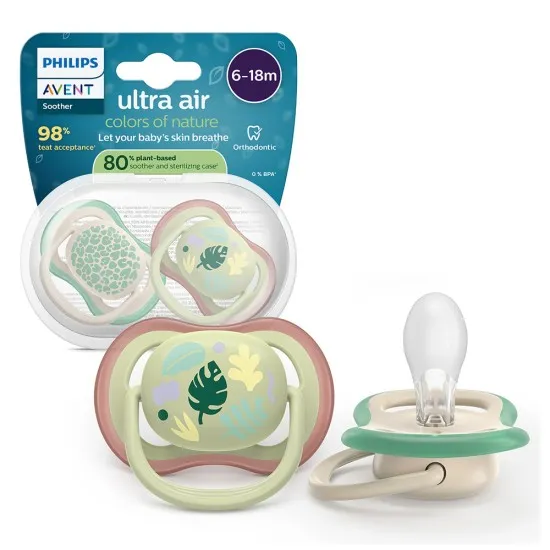 Philips AVENT Залъгалки Ultra Air пастелни 6-18 м. с декорация листа, неутрални 2 бр. със стерилизаторна кутия