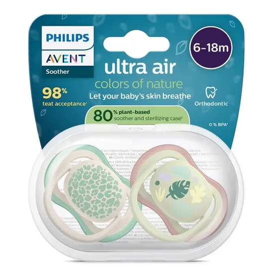 Philips AVENT Залъгалки Ultra Air пастелни 6-18 м. с декорация листа, неутрални 2 бр. със стерилизаторна кутия