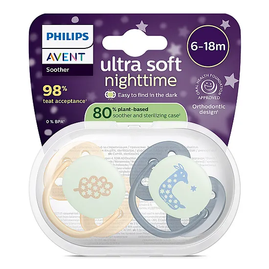 Philips AVENT Залъгалки Ultra Soft NightTIme 6-18м пастелни, момче 2 бр. със стерилизаторна кутия синьо, оранжево