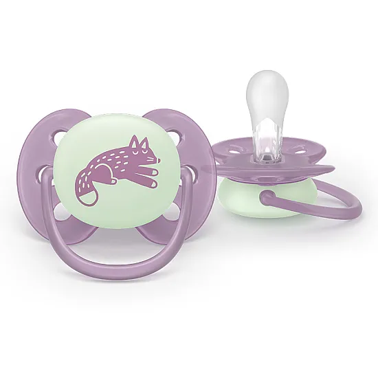 Philips AVENT Залъгалки Ultra Soft NightTIme 6-18м пастелни, момиче 2 бр. със стерилизаторна кутия лилаво, зелено