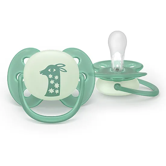Philips AVENT Залъгалки Ultra Soft NightTIme 6-18м пастелни, момиче 2 бр. със стерилизаторна кутия лилаво, зелено