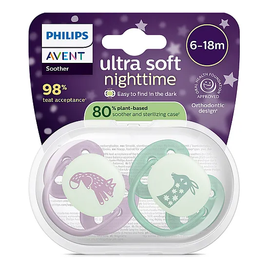 Philips AVENT Залъгалки Ultra Soft NightTIme 6-18м пастелни, момиче 2 бр. със стерилизаторна кутия лилаво, зелено