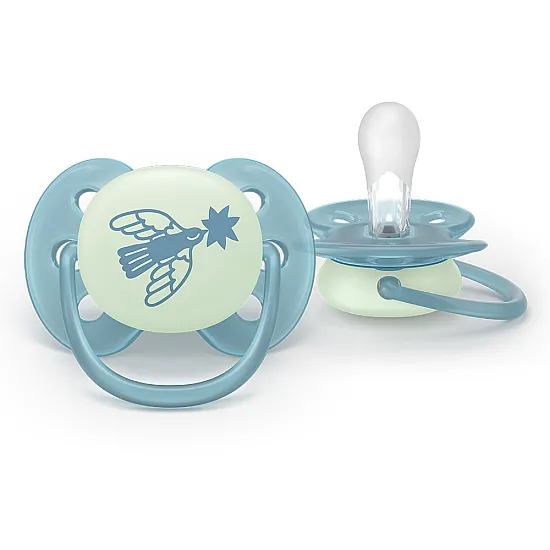 Philips AVENT Залъгалки Ultra Soft NightTIme 18м+ пастелни, момче 2 бр. със стерилизаторна кутия синьо, зелено