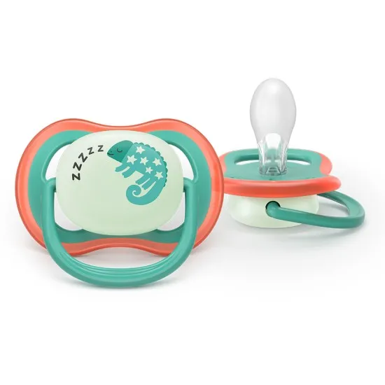 Philips AVENT Залъгалки Ultra Air Night 6-18 м. хамелеон/маймунка, син 2 бр. със стерилизаторна кутия