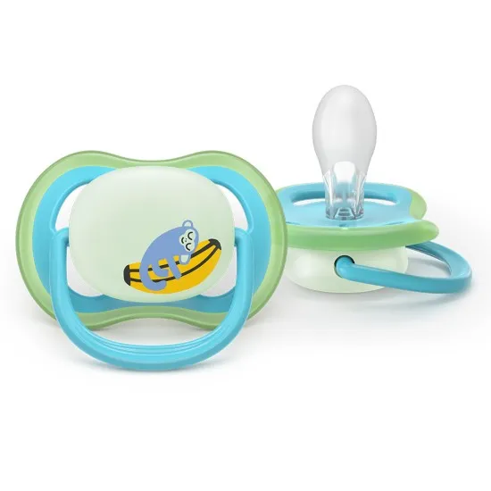 Philips AVENT Залъгалки Ultra Air Night 6-18 м. хамелеон/маймунка, син 2 бр. със стерилизаторна кутия