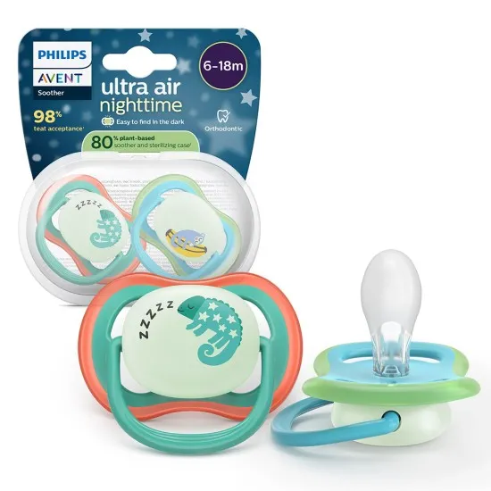 Philips AVENT Залъгалки Ultra Air Night 6-18 м. хамелеон/маймунка, син 2 бр. със стерилизаторна кутия