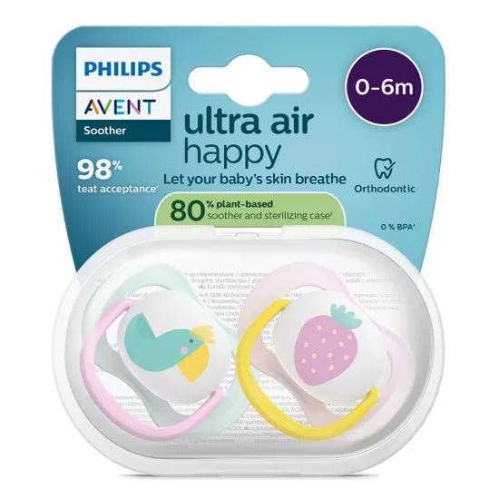 Philips AVENT Залъгалки Ultra Air Happy 0-6м. папагал/ягода, момиче 2 бр. със стерилизаторна кутия