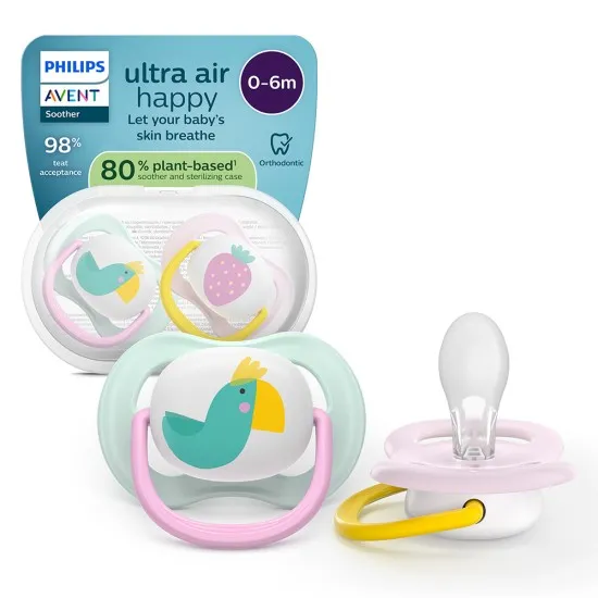 Philips AVENT Залъгалки Ultra Air Happy 0-6м. папагал/ягода, момиче 2 бр. със стерилизаторна кутия