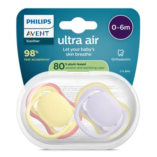 Philips AVENT Залъгалки Ultra Air пастелни 0-6 м. пастелни за момиче 2 бр. със стерилизаторна кутия