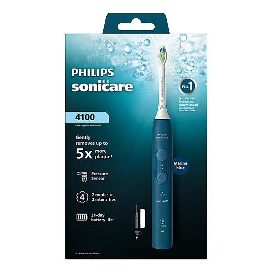 Електрическа четка за зъби Next-Generation Philips Sonicare Серия 4100, морско синя с накрайник Optimal White и кутия за пътуване
