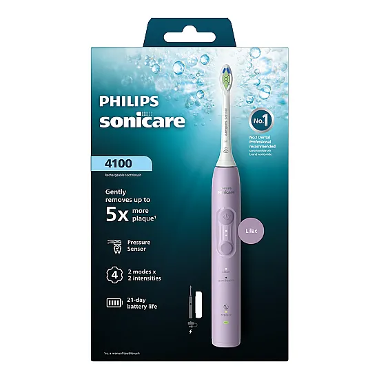 Електрическа четка за зъби Next-Generation Philips Sonicare Серия 4100, люляк с накрайник Optimal White и кутия за пътуване