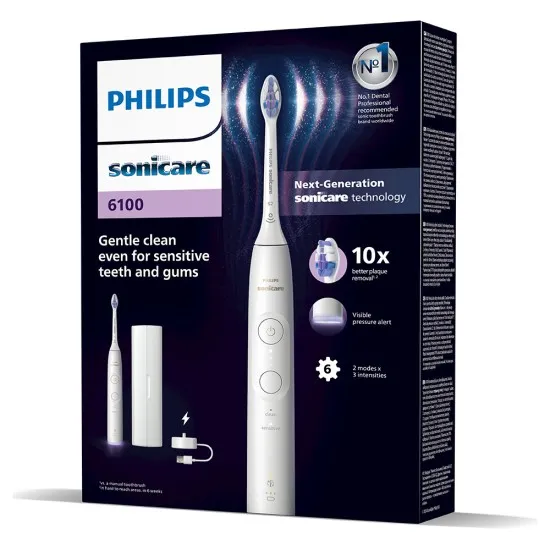 Philips Sonicare Електрическа четка за зъби Next-Generation с калъф Серия 6100, бяла, накрайник S2 Sensitive