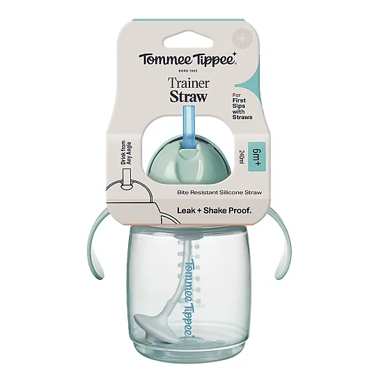 Тренировъчна неразливаща се чаша със сламка и дръжки TRAINER STRAW Tommee Tippee 240 мл синя