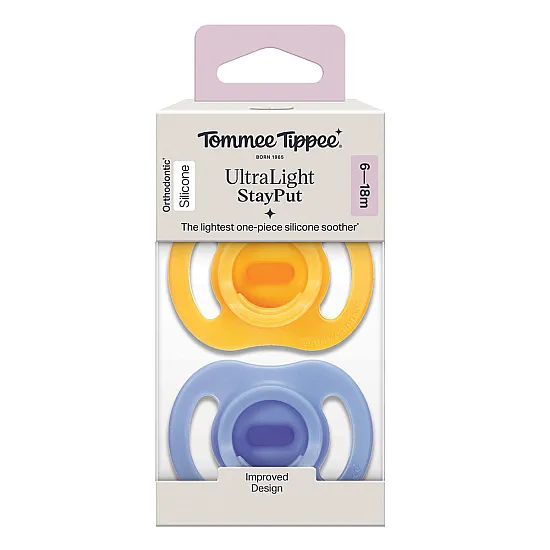2бр. Ортодонтични залъгалки Ultra Light Stay Put Tommee Tippee, синя/жълта (6-18м) със стерилизаторна кутия