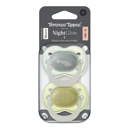 Ортодонтични залъгалки, Tommee Tippee, Night Glow, 2бр/оп, светеща дръжка, зелени/сини