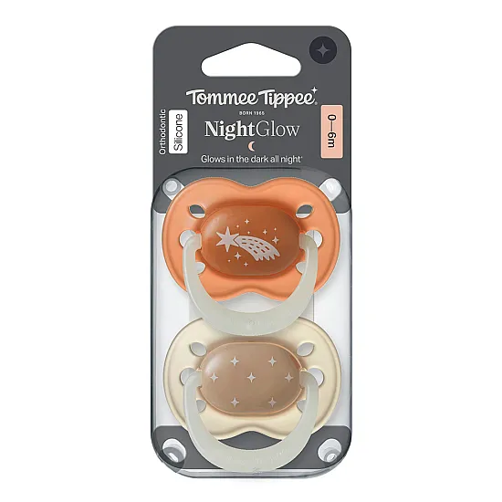 Ортодонтични залъгалки, Tommee Tippee, Night Glow, 2бр/оп, светеща дръжка, кафяви/оранжеви