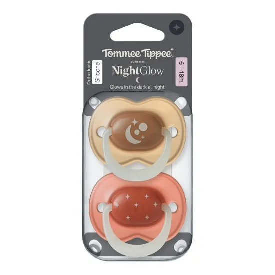Ортодонтични залъгалки, Tommee Tippee, Night Glow, 2бр/оп, светеща дръжка, оранжеви/кафяви