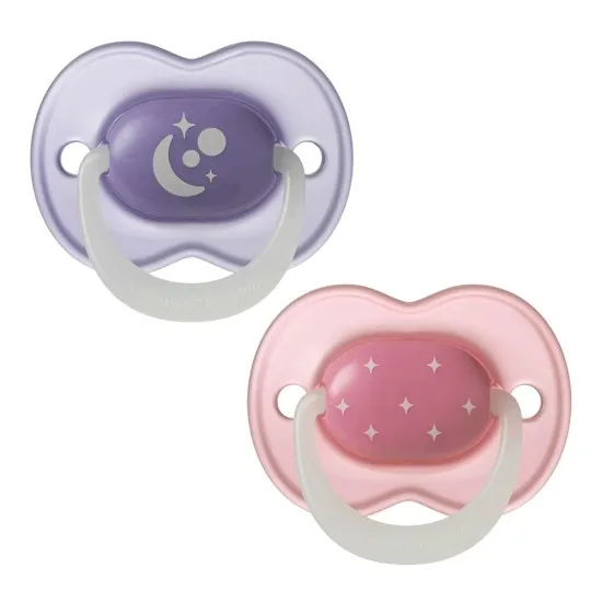 Ортодонтични залъгалки, Tommee Tippee, Night Glow, 2бр/оп, светеща дръжка, лилави/розови, 6-18м